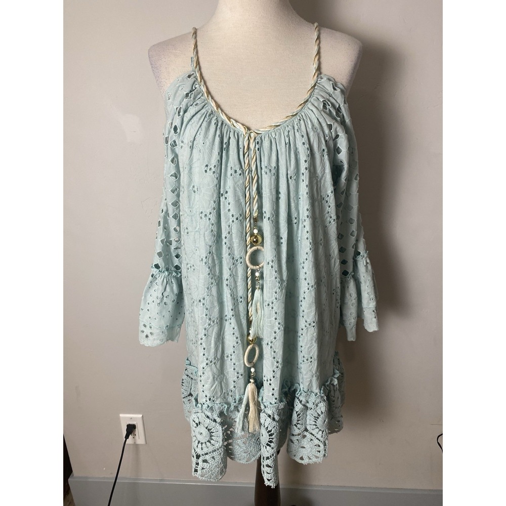 Laurie & Joe Eyelet Blue Embroidered Sundress Bohemian Beach Cottagecore Size M
